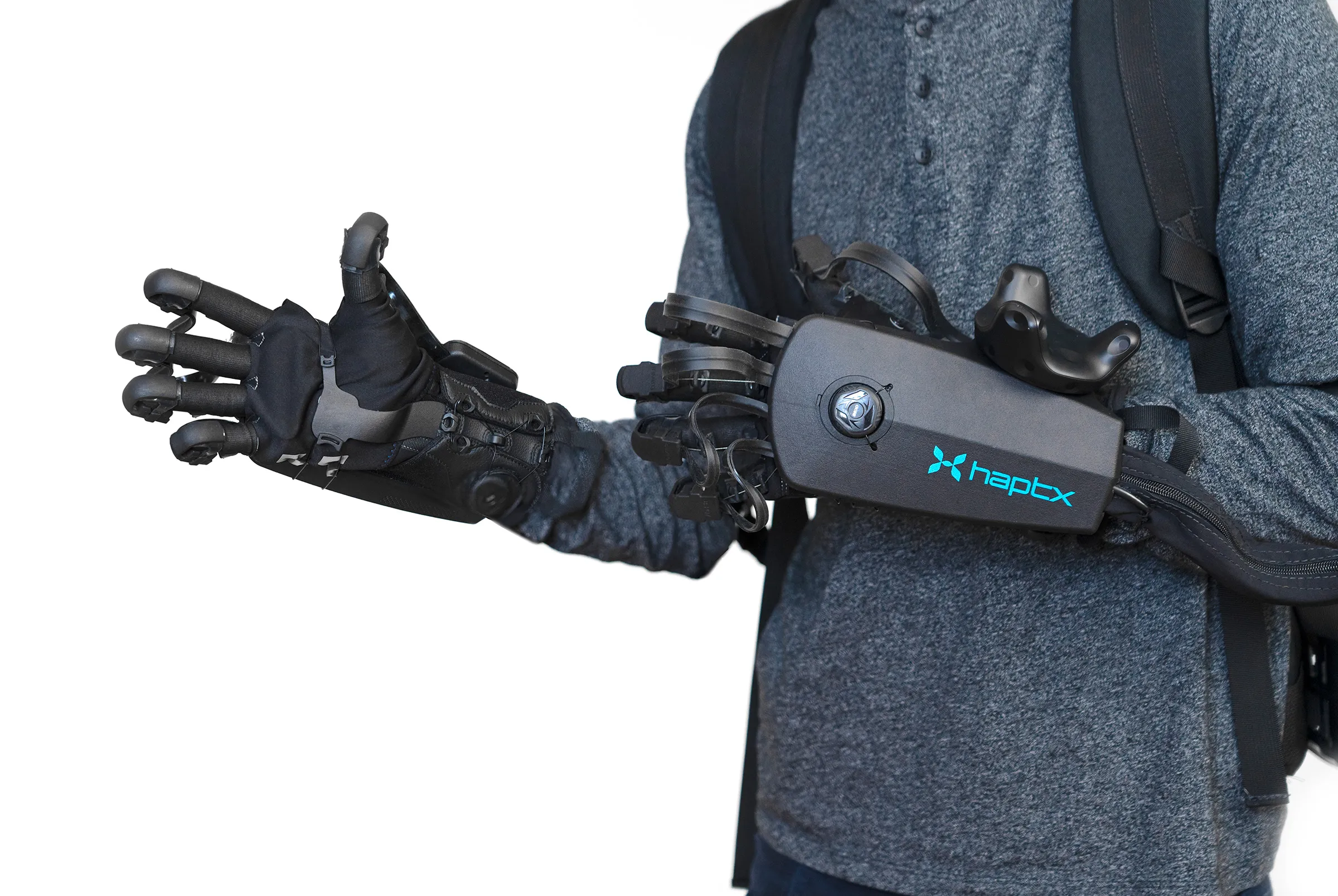 virtual reality haptic gloves worn on model hands