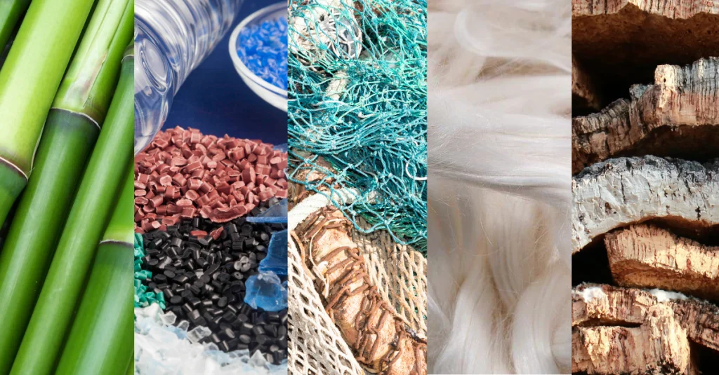 five sustainable product materials: bamboo, recycled plastic, organic cotton, cork