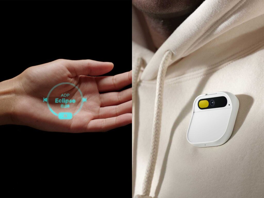Humane's wearable AI pin projecting data onto hand