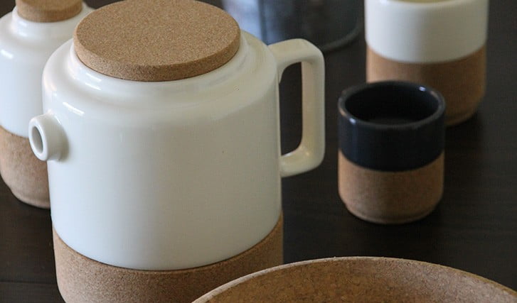 ceramic tea kettle and cups with cork accent