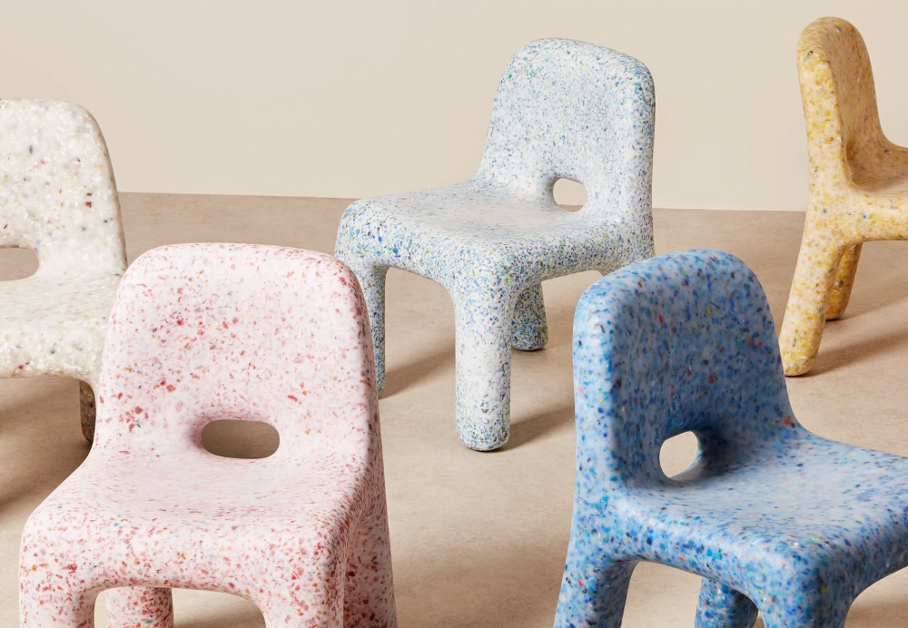 five recycled plastic children's chairs in assorted colours