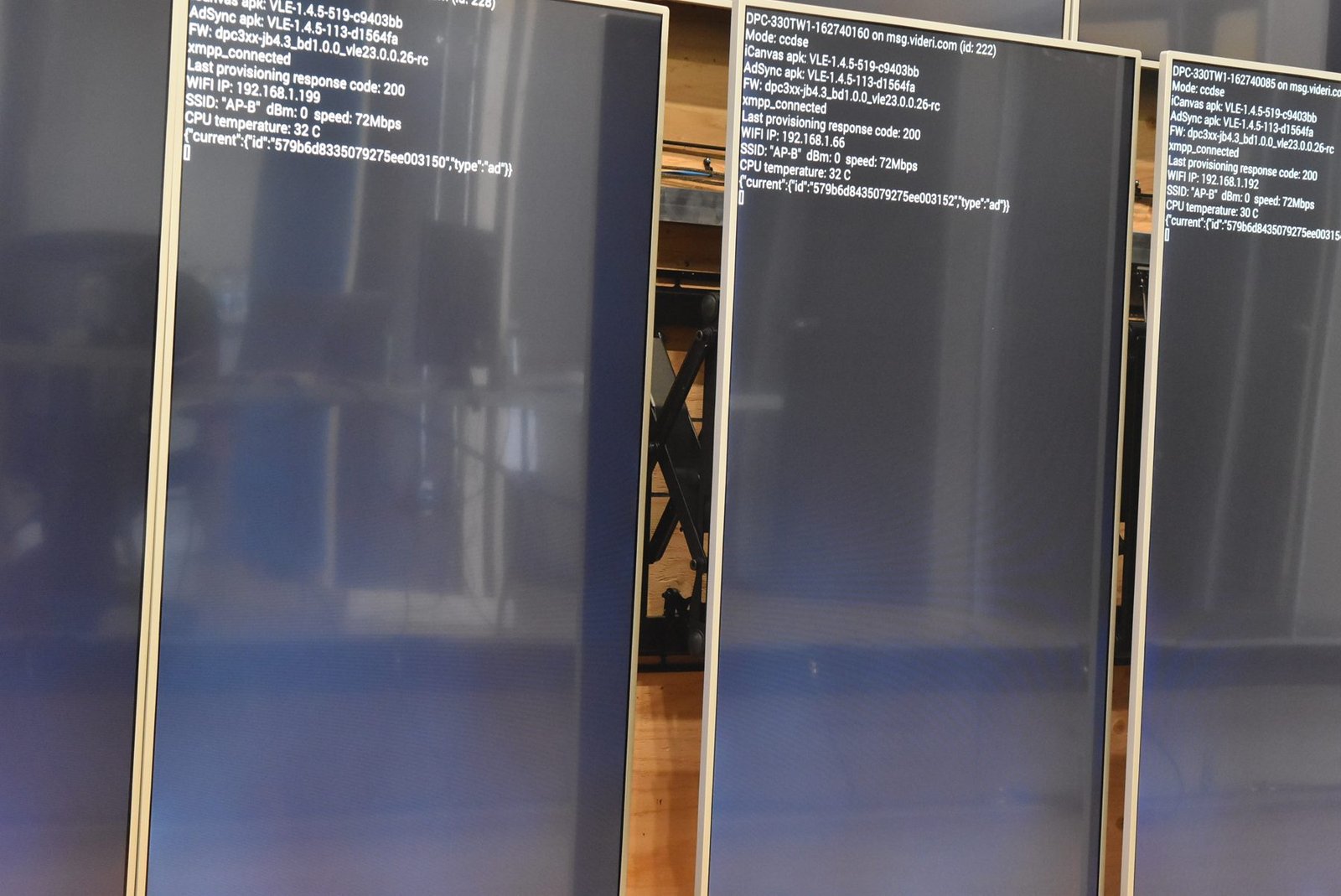 LCD Design and Commercial Integration at Scale: The ArcLight Cinemas StoryWall 8 LCD video wall screens displaying Videri diagnostic readouts during testing in Montreal