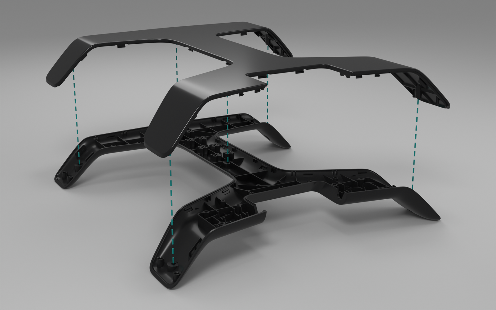Product Design Challenges Behind the Tstand Base: Ergonomics, Sink Marks, Snap-Fits, and Lifters 5 Exploded CAD view of the Tstand base showing the injection molded top and bottom halves