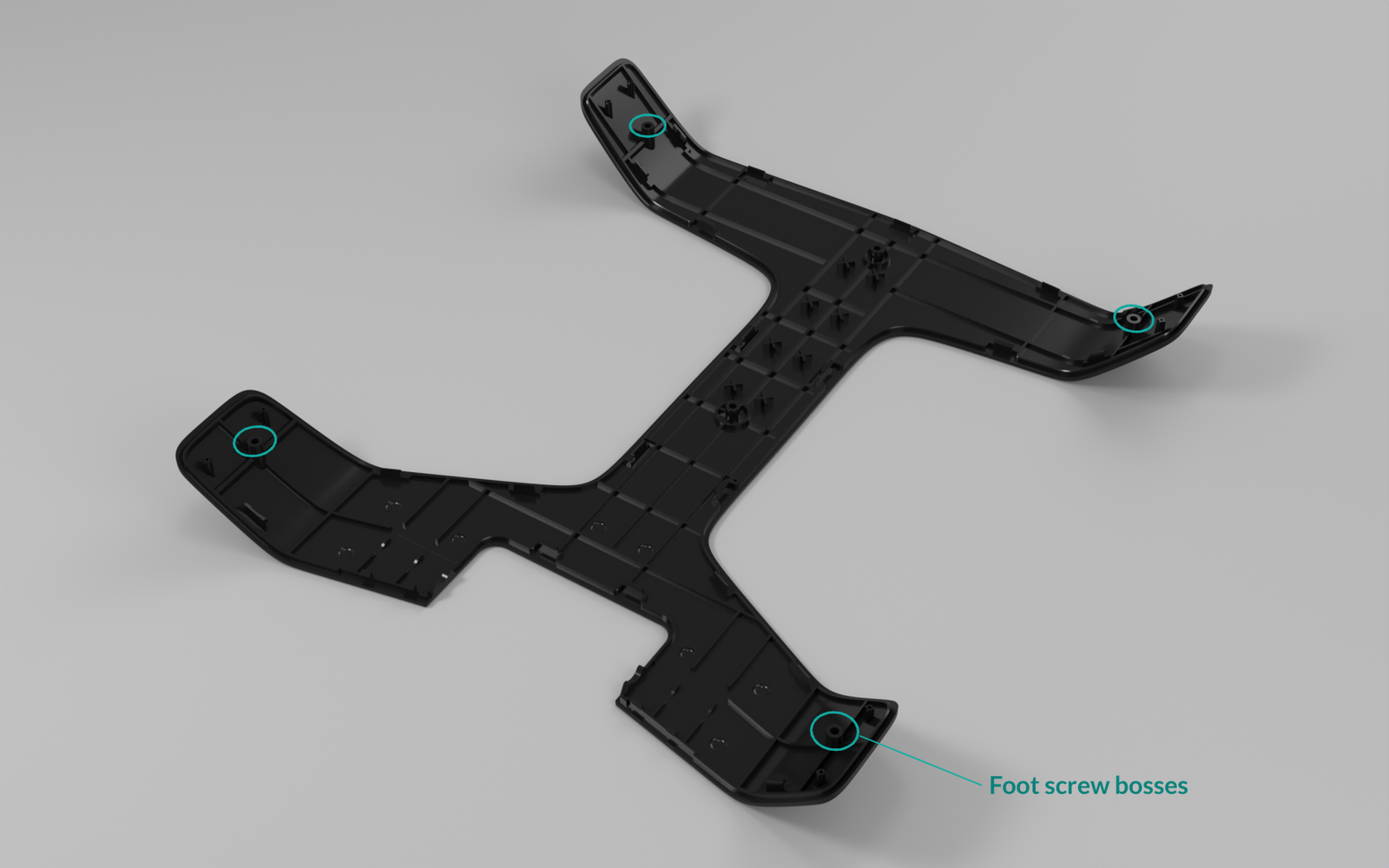 Product Design Challenges Behind the Tstand Base: Ergonomics, Sink Marks, Snap-Fits, and Lifters 8 Underside of the top half showing screw bosses inside the feet