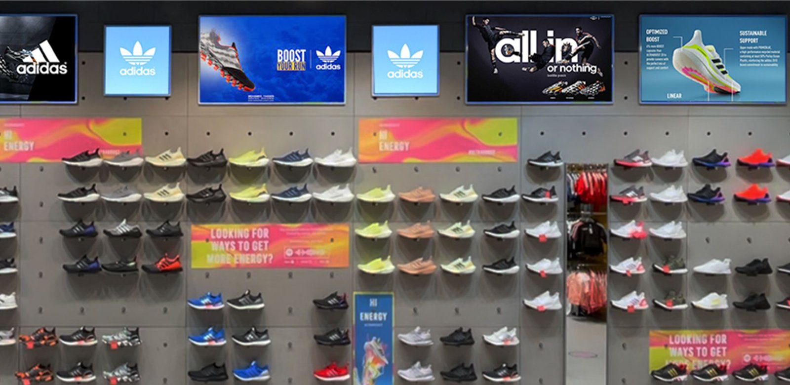 Outfront Media – LCD Screens in NYC Subway and Cinema Movie Walls 64 Videri LCD screen on an adidas shoe wall